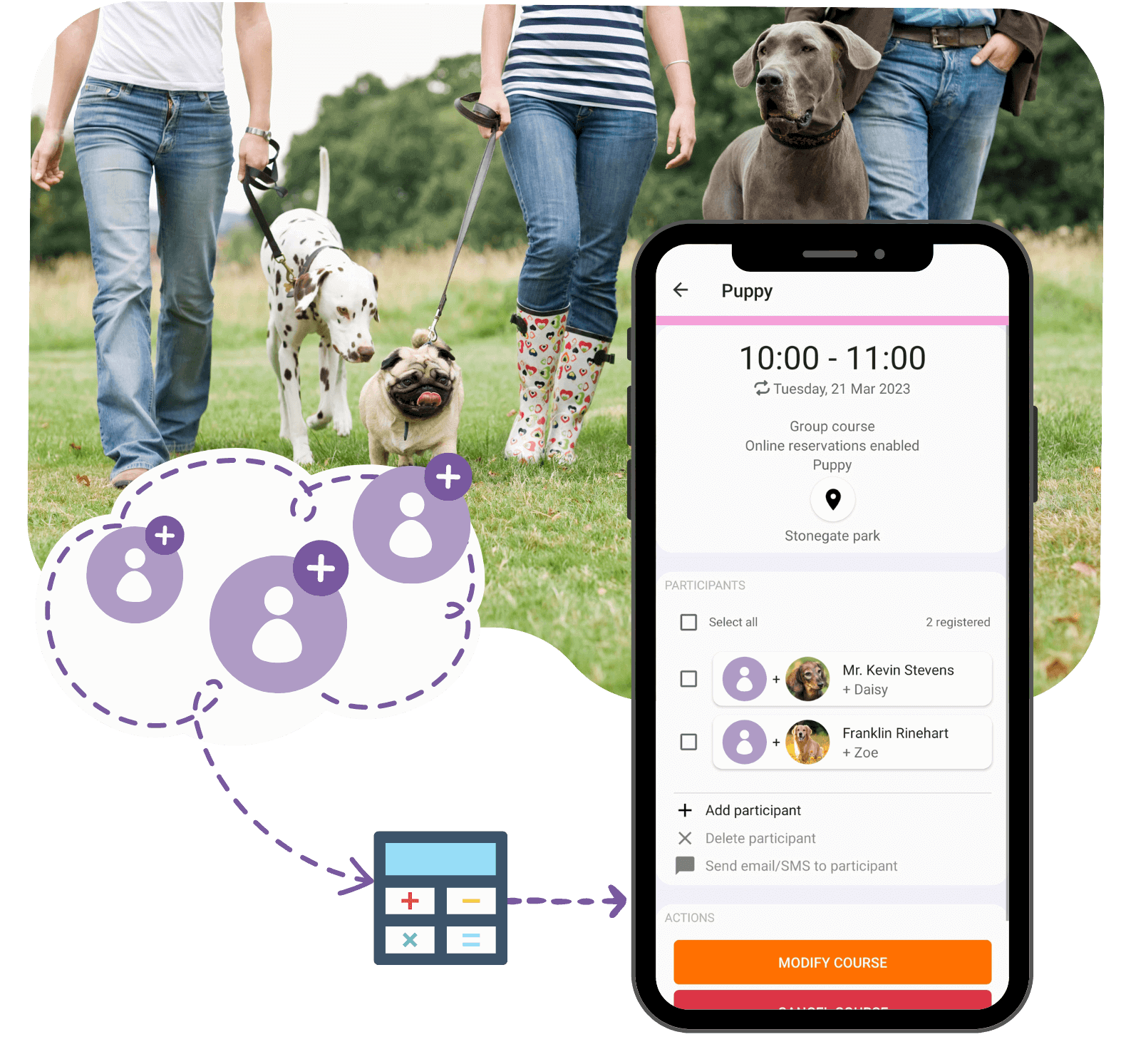 Illustration of three dog handlers registering for a dog training course, calculating their balance, visible in the BaltoPro mobile application.