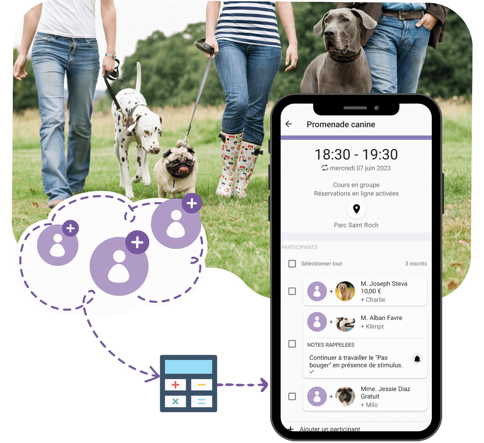 Illustration de trois inscriptions de maîtres-chiens à un cours d'éducation canine, calculant leur solde, visible dans l'application mobile BaltoPro.